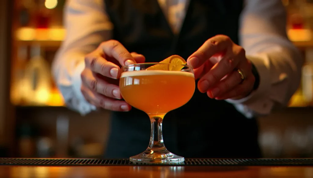 cocktail signature drinks featured Un barman garnissant un cocktail signature drink ambré dans un verre coupe en cristal, éclairage doré de bar