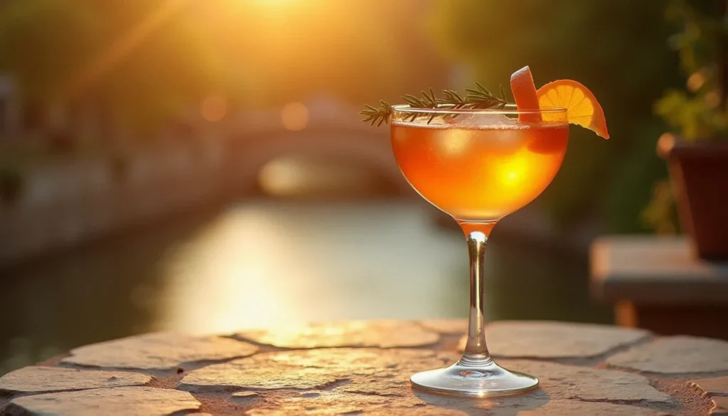 cocktail signature featured Un cocktail signature ambré servi dans un verre à pied sur une terrasse en pierre à Vichy, garni de thyme frais et zeste d'orange, avec l'Allier en arrière-plan au coucher du soleil