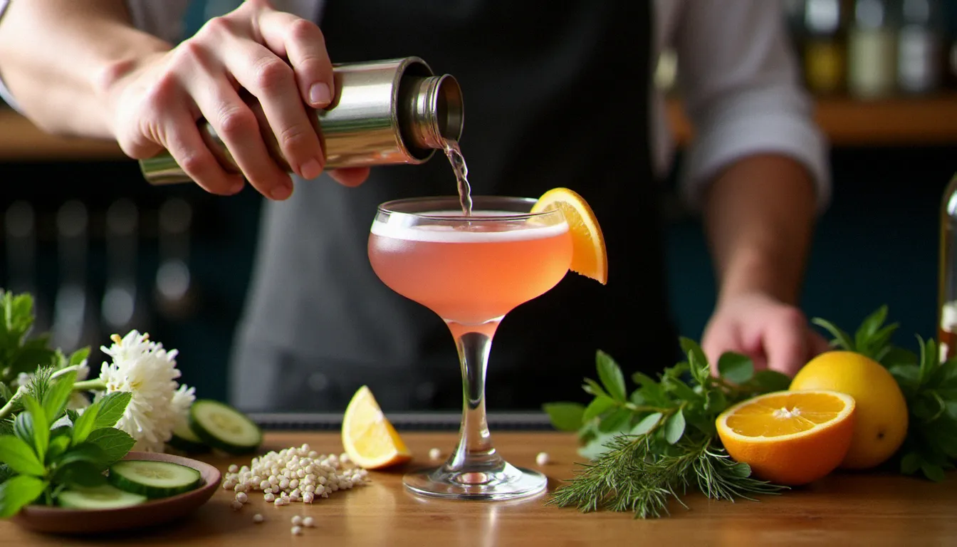 Bartender préparant un cocktail signature mariage avec des ingrédients frais, herbes aromatiques et sirop artisanal sur un comptoir en bois