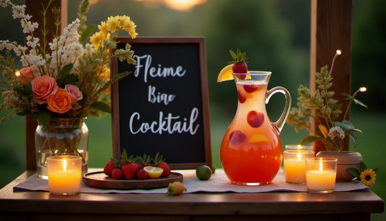 Bar de mariage rustique avec panneau ardoise affichant le nom d'un cocktail signature, carafe de batch cocktail et bougies dans une ambiance de soirée chaleureuse