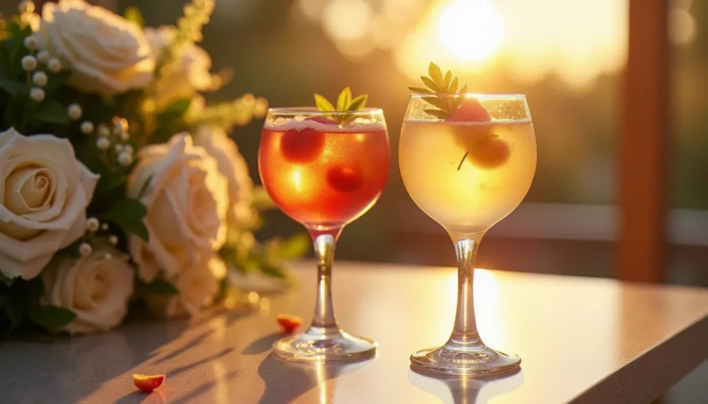 cocktail signature mariage featured Deux cocktails signature mariage élégants servis dans des verres en cristal avec des fleurs comestibles lors d'un cocktail de réception au coucher du soleil