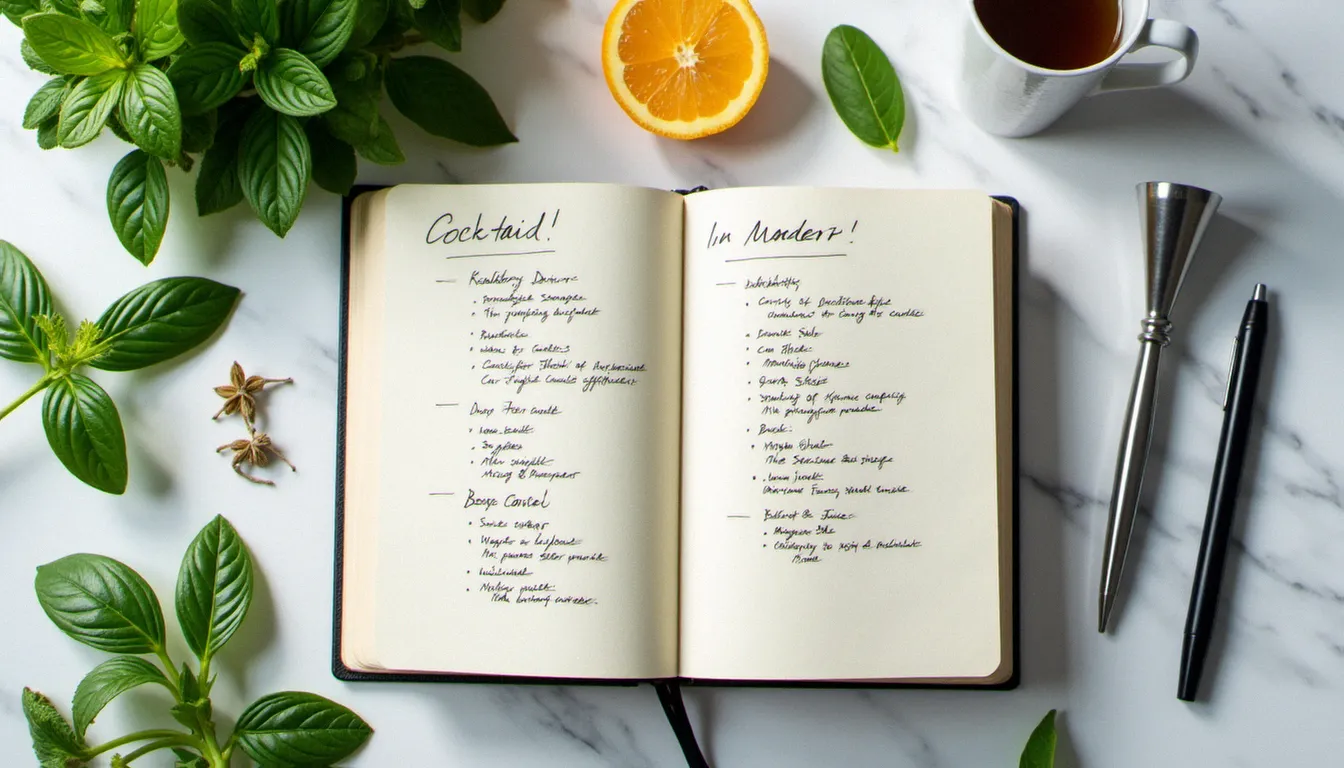 Carnet de bartender ouvert avec des noms de cocktails manuscrits et des ingrédients frais disposés autour sur une surface en marbre