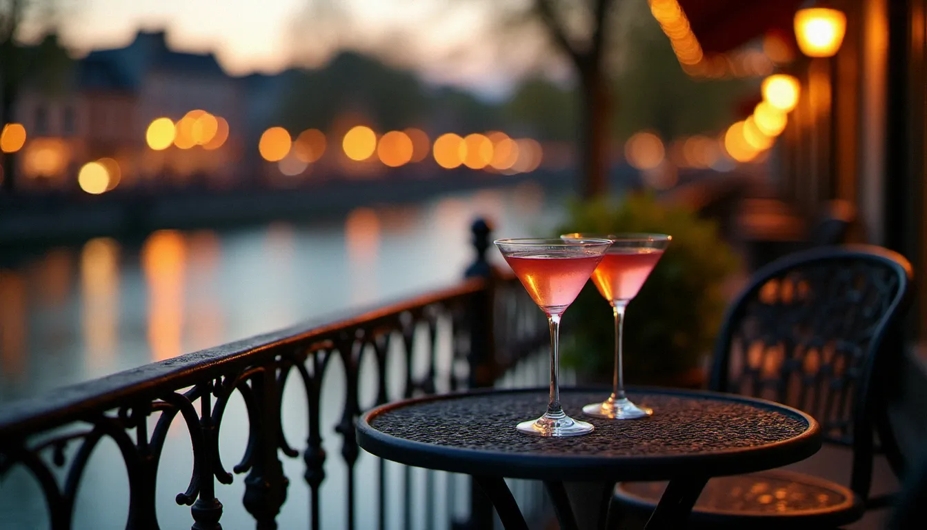 Deux verres de cocktails signature sur une terrasse au bord de l'Allier à Vichy au coucher du soleil, lumière dorée du crépuscule