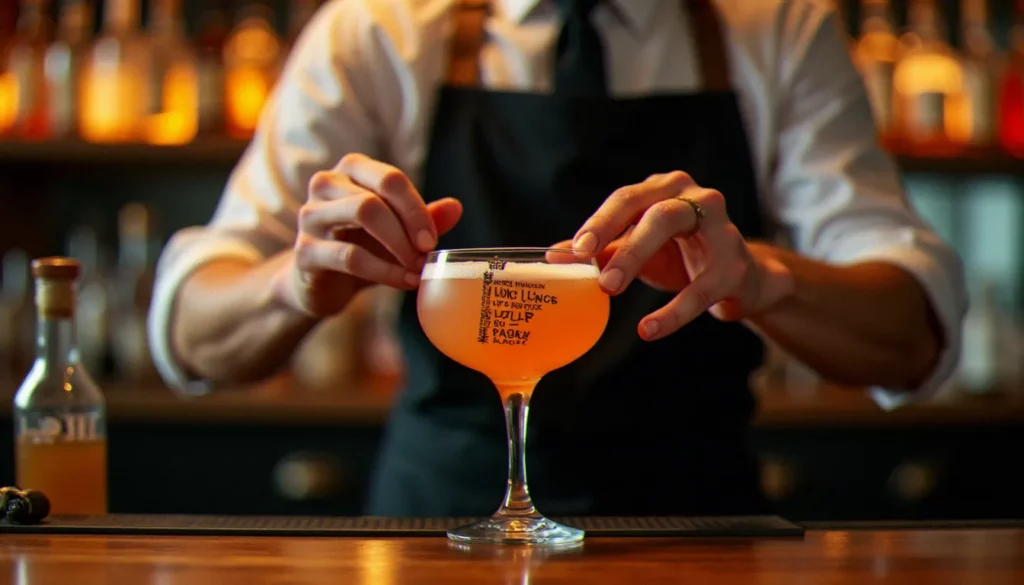 cocktail signature name featured Barman posant une étiquette artisanale sur un verre de cocktail signature dans un bar à l'éclairage chaleureux