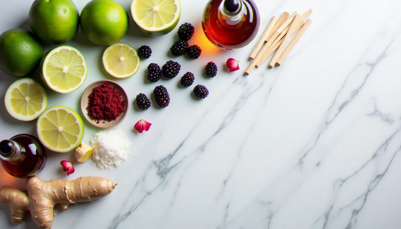 Vue de dessus des ingrédients d'un cocktail signature rhum disposés sur marbre blanc : citrons verts, gingembre, mûres, canne à sucre et bitters