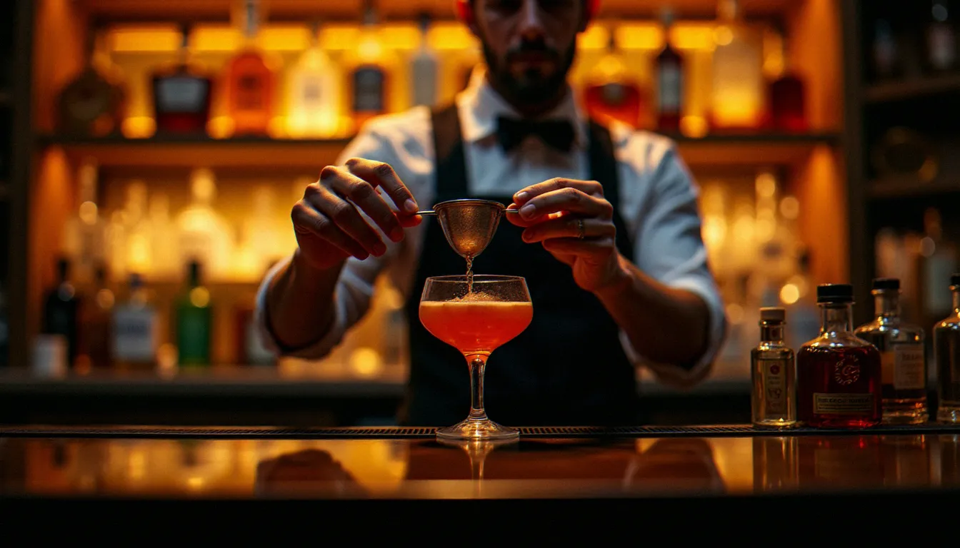 Mains d'un bartender filtrant un cocktail signature au rhum ambré dans un verre coupe dans un bar haut de gamme à l'éclairage chaleureux