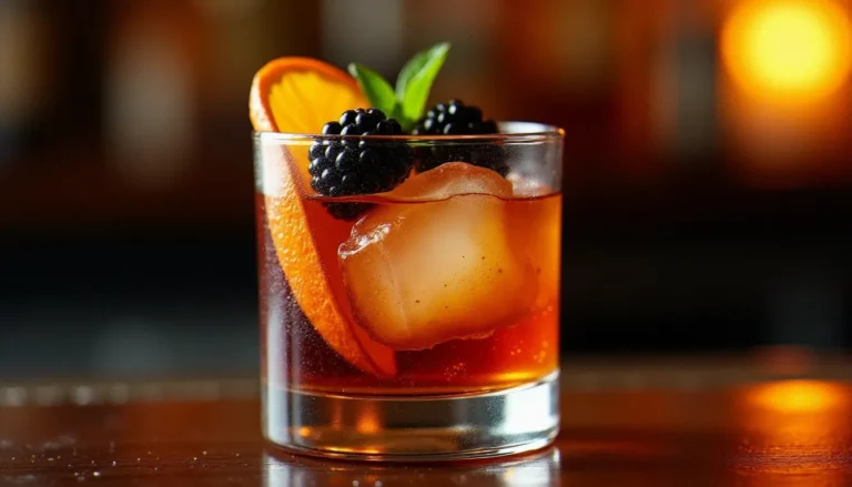 Cocktail signature au rhum servi dans un verre old-fashioned avec glaçon et garniture d'orange sur un comptoir de bar en bois sombre