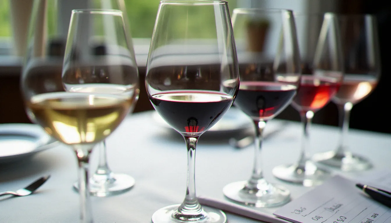 Rangée de cinq verres de vin de couleurs différentes sur une table de dégustation avec des fiches de notes, lumière naturelle
