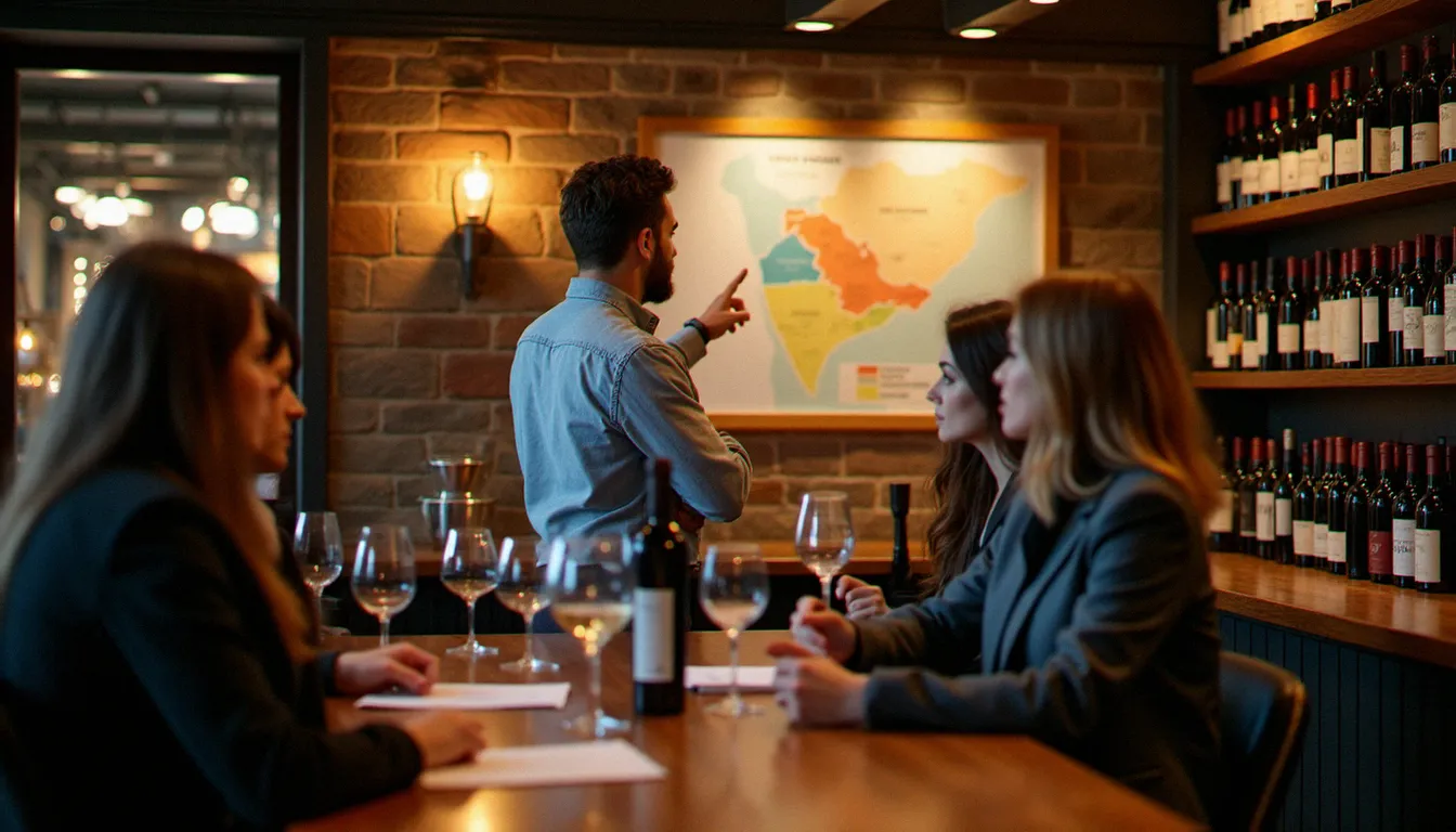 Animateur expliquant les régions viticoles à un groupe de participants lors d'une soirée dégustation vin dans un bar à vins bruxellois