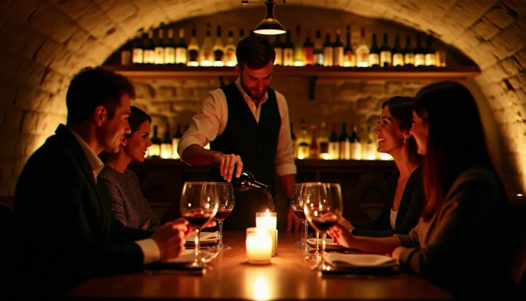 soiree degustation vin bruxelles featured Soirée dégustation vin à Bruxelles dans une cave à vin, sommelier servant du vin rouge à un petit groupe autour d'une table en bois