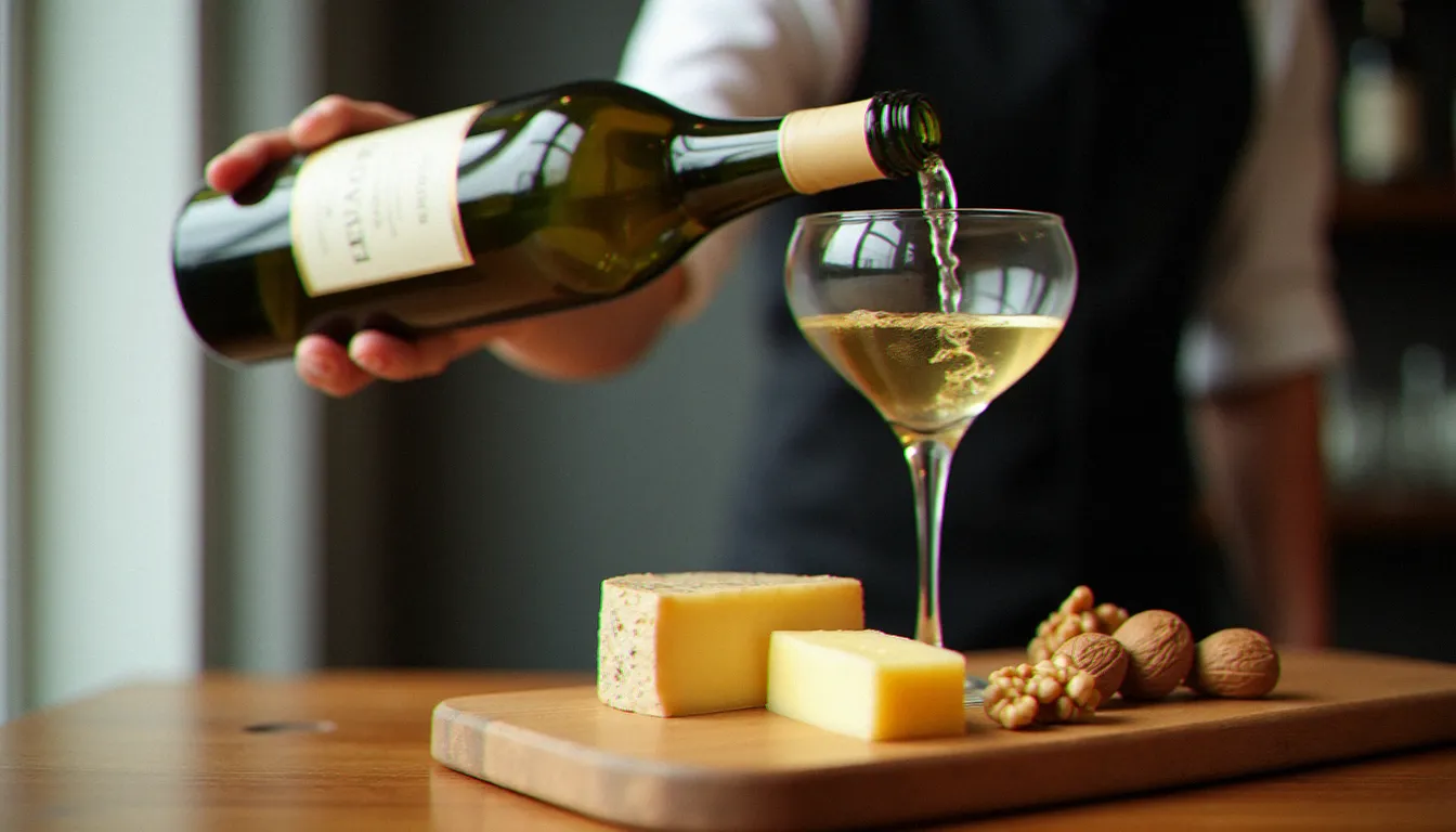 Verre de Chardonnay versé à côté d'une tranche de Comté et de noix sur une planche en bois, illustration d'un accord vin et fromage classique