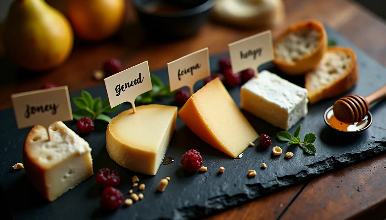 Vue du dessus d'un plateau de fromages français dressé sur ardoise avec étiquettes manuscrites, miel, tranches de poire et pain au levain pour une soirée dégustation