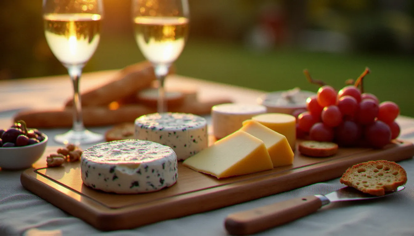 Plateau de dégustation vin et fromage avec cinq variétés de fromages français, noix, raisins et deux verres de vin à la lumière dorée du soir