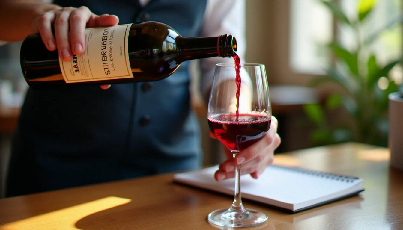 Sommelier versant un vin rouge du Sud-Ouest dans un verre à dégustation lors d'un atelier œnologique
