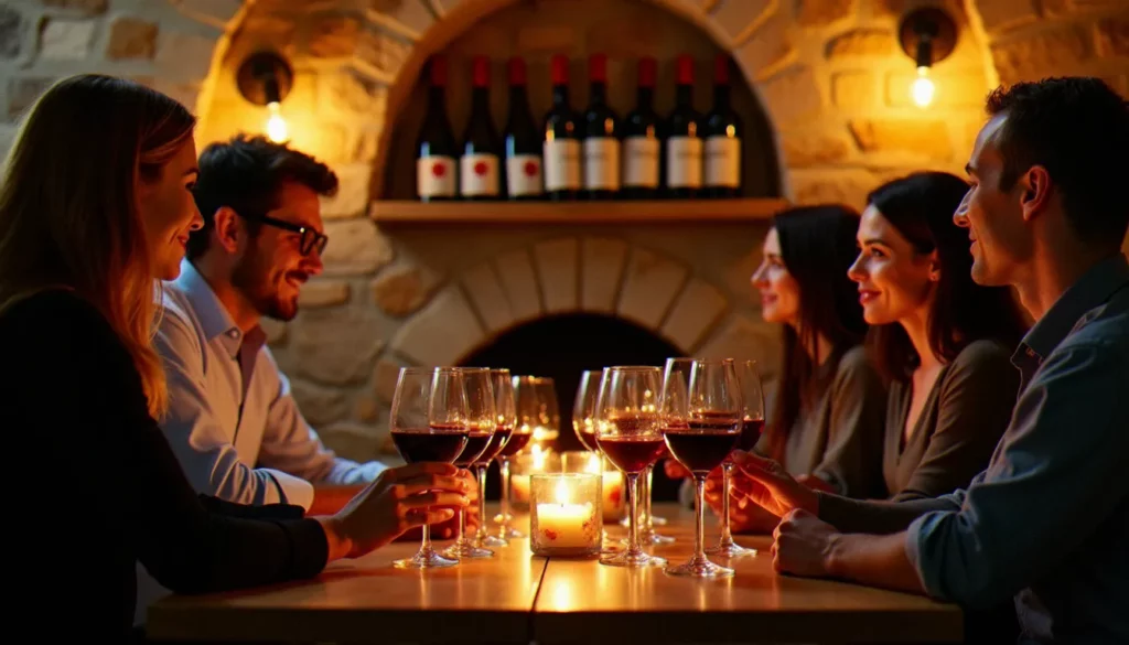 soiree degustation vin toulouse featured Soirée dégustation vin à Toulouse dans une cave voûtée, six verres alignés sur une table en bois devant des participants attentifs