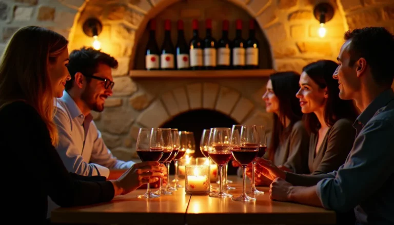 Soirée dégustation vin à Toulouse dans une cave voûtée, six verres alignés sur une table en bois devant des participants attentifs