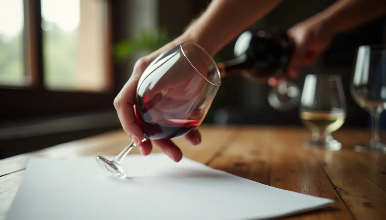 Geste d'inclinaison d'un verre de vin rouge sur fond blanc pour examiner la couleur lors d'une dégustation, lumière naturelle