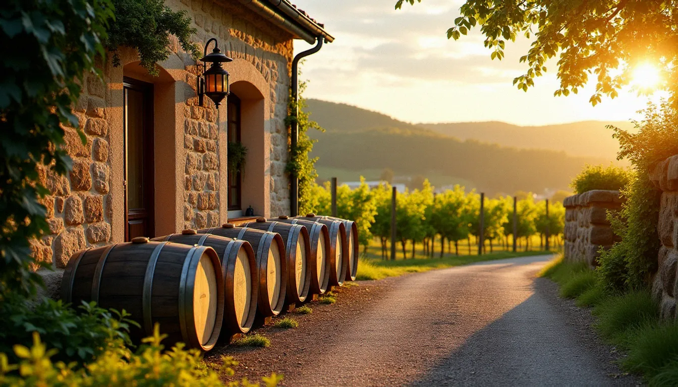 Domaine viticole de la région Allier avec des fûts en bois devant un bâtiment en pierre et des rangées de vignes en arrière-plan sous la lumière dorée