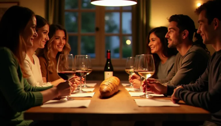 Soirée dégustation vins conviviale avec six personnes autour d'une table en bois, verres de vin rouge et blanc, fiches de dégustation et baguette de pain