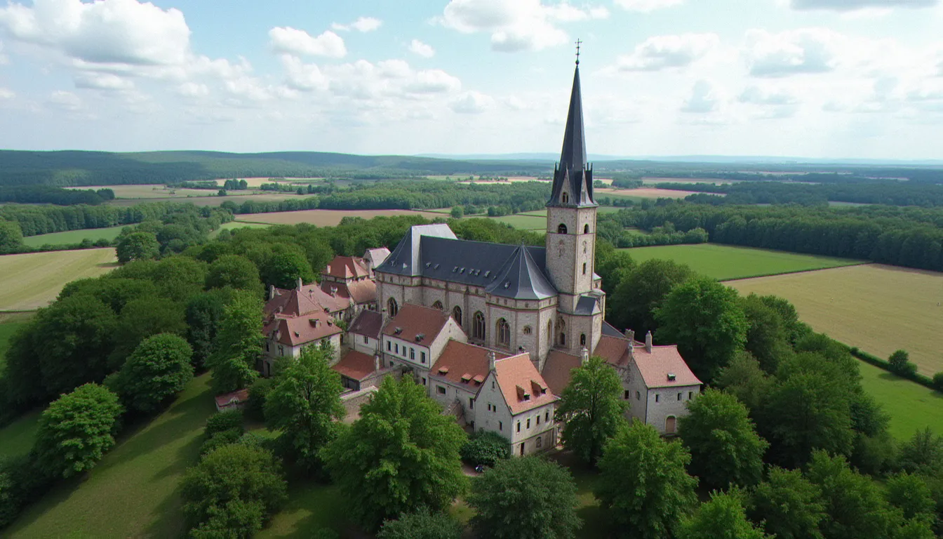 Vue aérienne du village d'Abrest avec son église et ses maisons en pierre, entouré de champs et de forêts