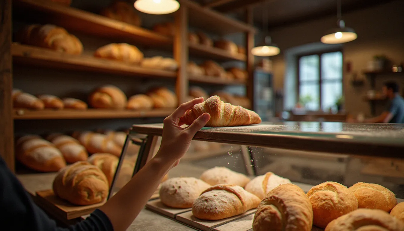 Boulangerie de quartier à proximité de la rue Albert Dauzat à Vichy, fournées du matin sur les étagères