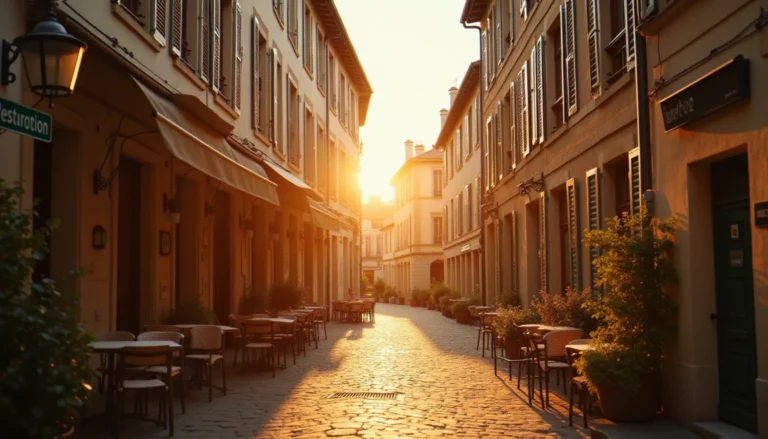Rue Albert Dauzat à Vichy baignée par la lumière du soir, terrasses de café et façades en pierre du centre-ville