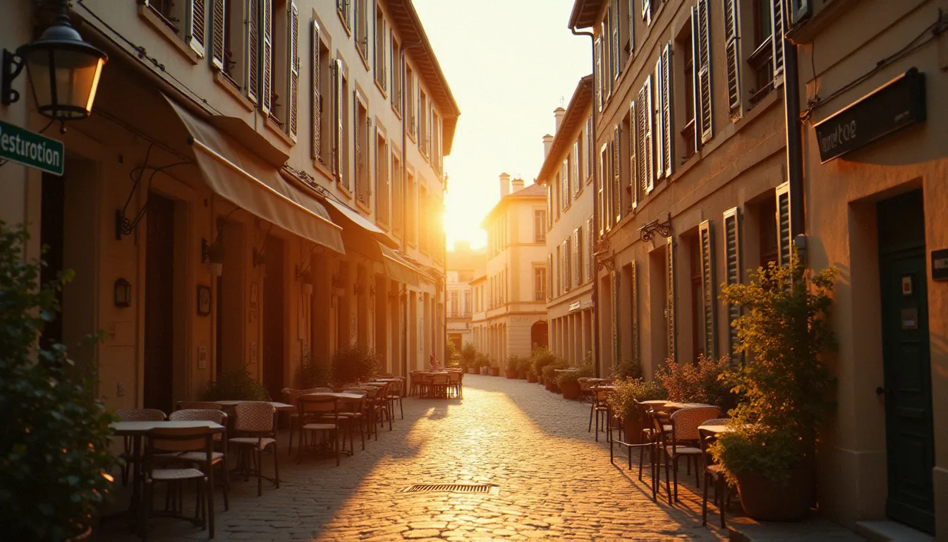 Rue Albert Dauzat à Vichy baignée par la lumière du soir, terrasses de café et façades en pierre du centre-ville