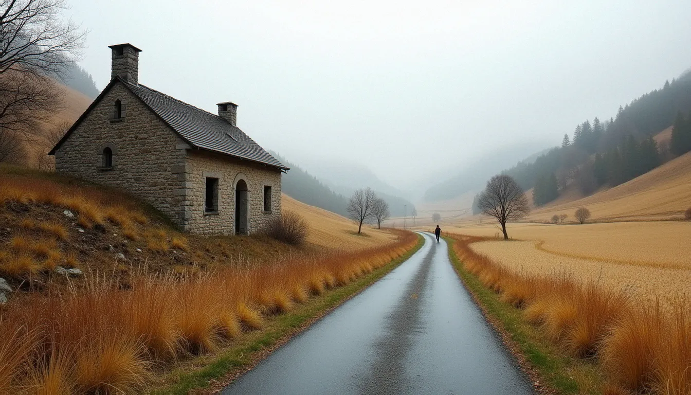 Route de campagne déserte dans le Massif central, évoquant les paysages décrits dans Par la France abandonnée d'Albert Londres