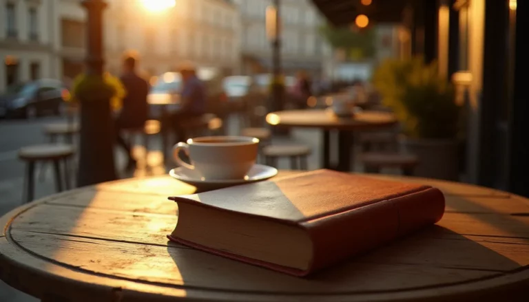 Un livre ancien d'Albert Londres posé sur une table de terrasse de café à Vichy, baigné par la lumière dorée du couchant