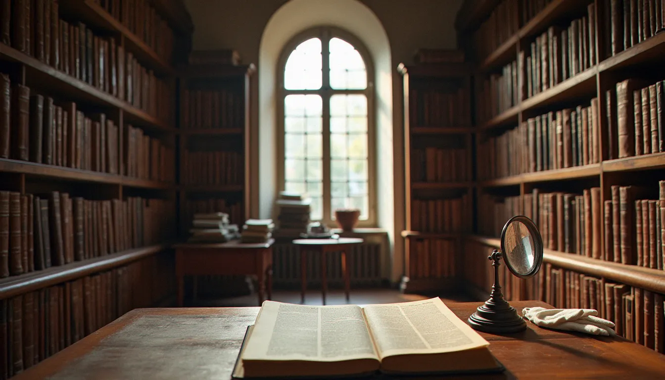 Salle des archives municipales avec registres et presse locale de la fin du XIXe siècle, éclairage naturel par une fenêtre en arc