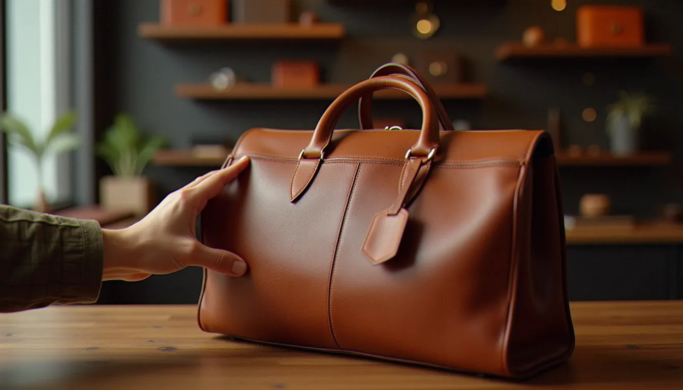 Main tenant une pochette en cuir cognac dans le rayon maroquinerie de l'Aletti Palace, lumière naturelle en vitrine