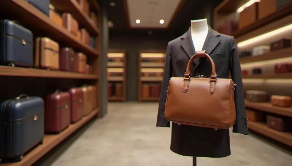 aletti palace featured Intérieur de la boutique Aletti Palace à Vichy avec bagages rigides et maroquinerie en cuir exposés sur étagères