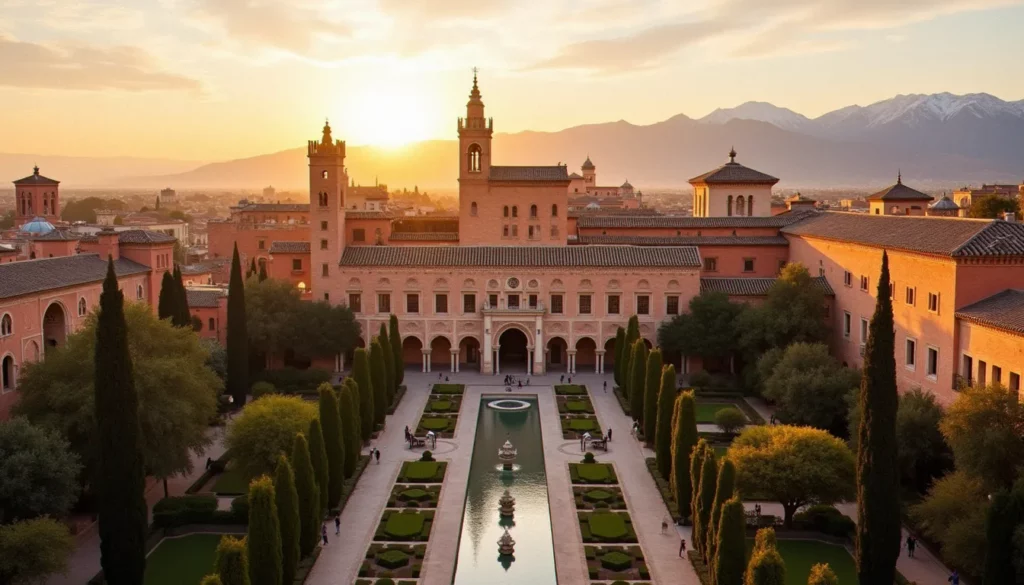 alhambra grenade featured Vue panoramique de l'Alhambra (Grenade) au coucher du soleil, avec les remparts rouges, les palais nasrides et les jardins du Generalife illuminés par une lumière dorée.