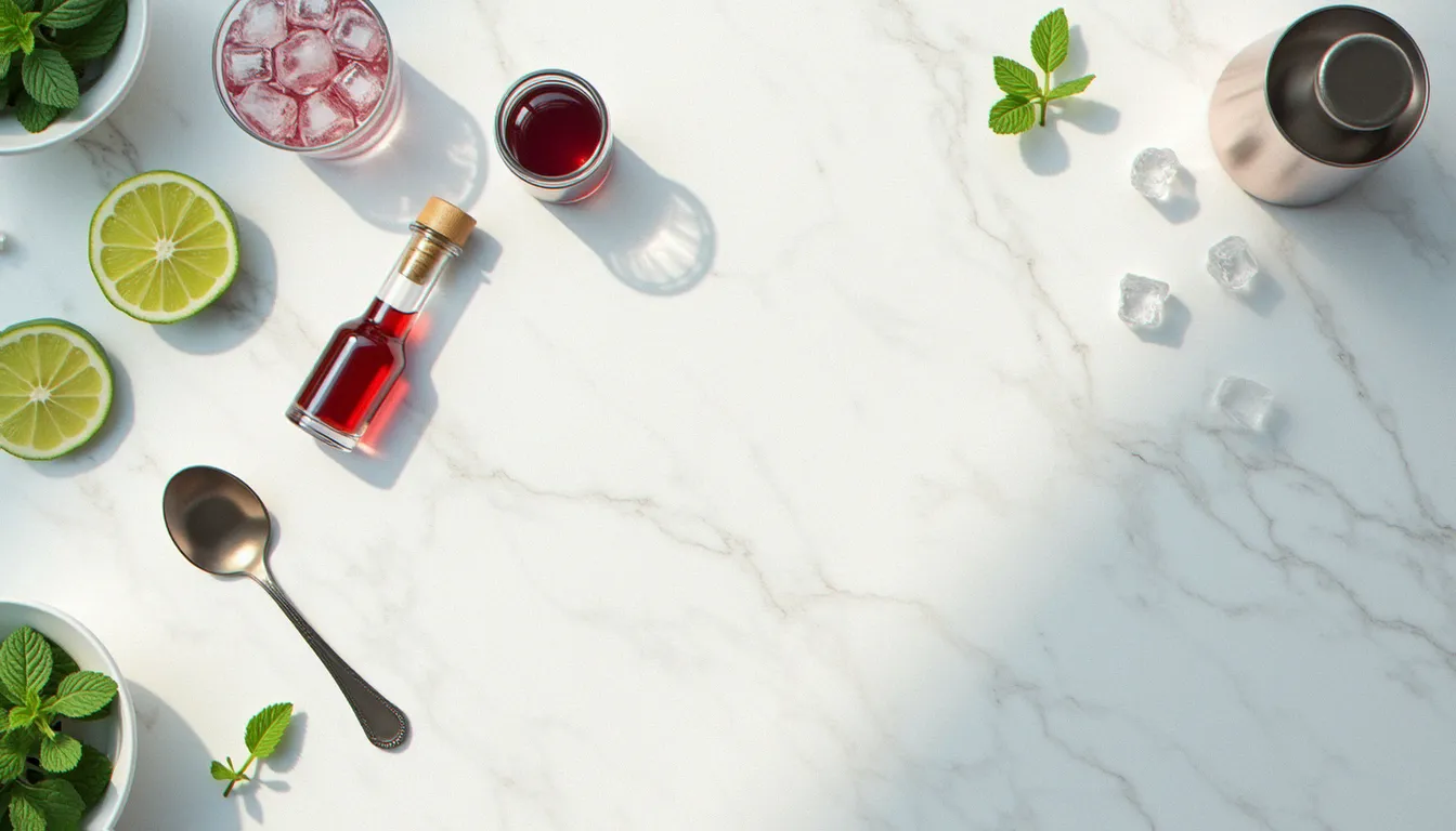 Ingrédients pour préparer un cocktail sans alcool facile disposés sur un plan de travail en marbre : lime, sirop de baies roses, menthe fraîche, tonic non alcoolisé et shaker