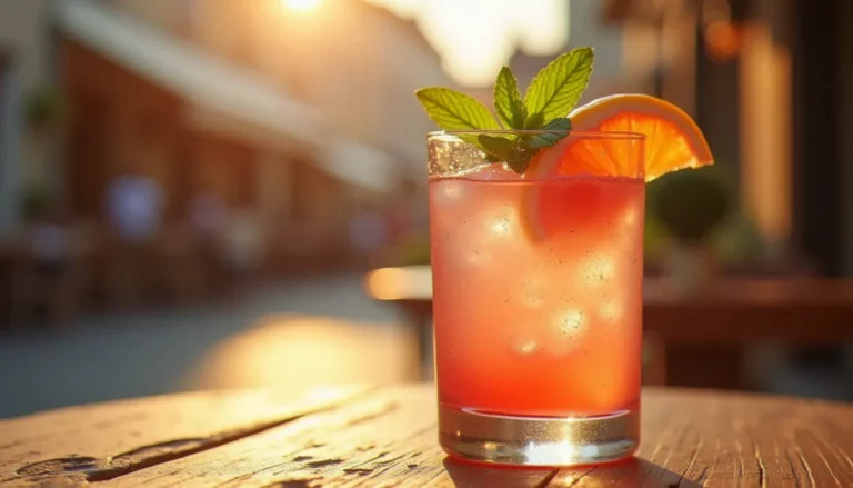 Verre de cocktail sans alcool facile à base de pamplemousse rosé, zeste d'orange et feuille de menthe, sur une table de terrasse en bois à Vichy