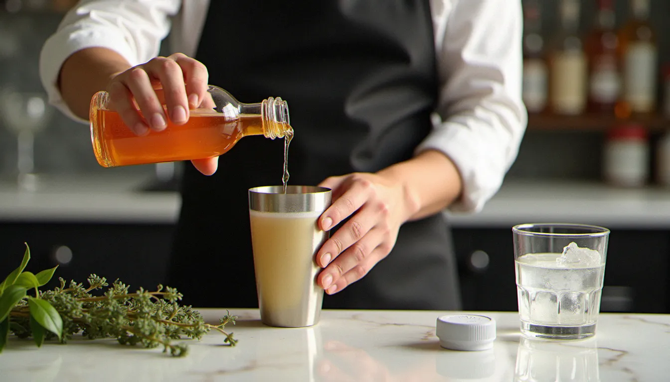 Un barman ajoutant du miel local dans un shaker à cocktail, entouré de herbes fraîches et d'eau gazeuse sur un plan de travail en marbre