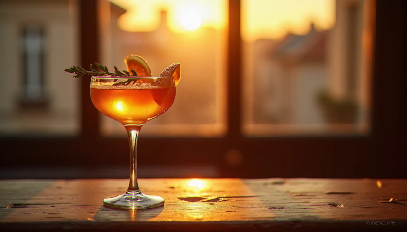 Un cocktail signature SP servi dans un verre à pied, garni d'un brin de thym frais, sur un comptoir en bois en fin de journée à Vichy