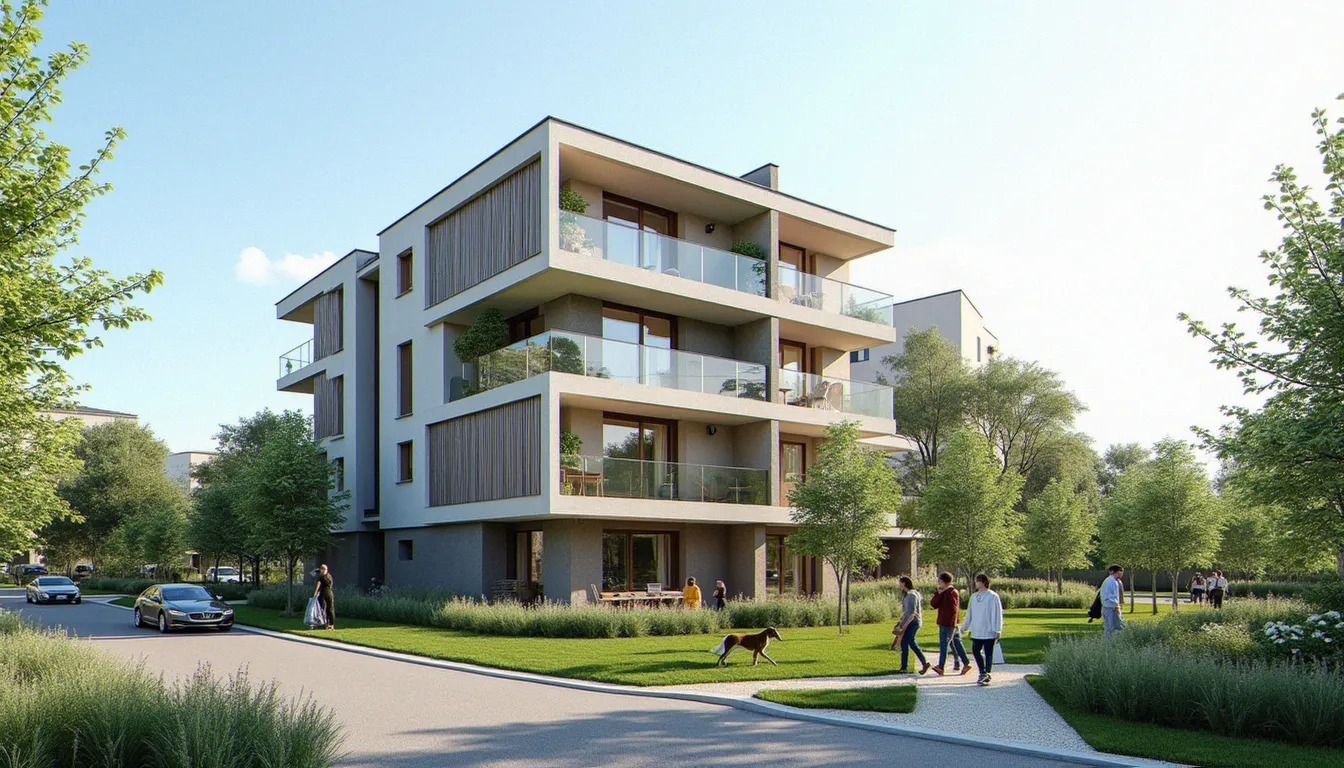 Immeuble résidentiel moderne dans le quartier des Cézeaux à Vichy, entouré d'espaces verts