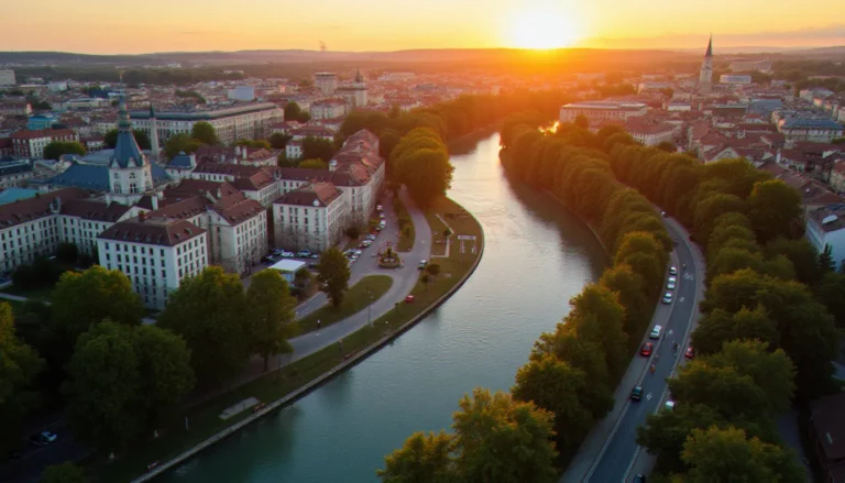 Vue aérienne de Vichy au coucher du soleil, montrant les thermes et le centre-ville historique