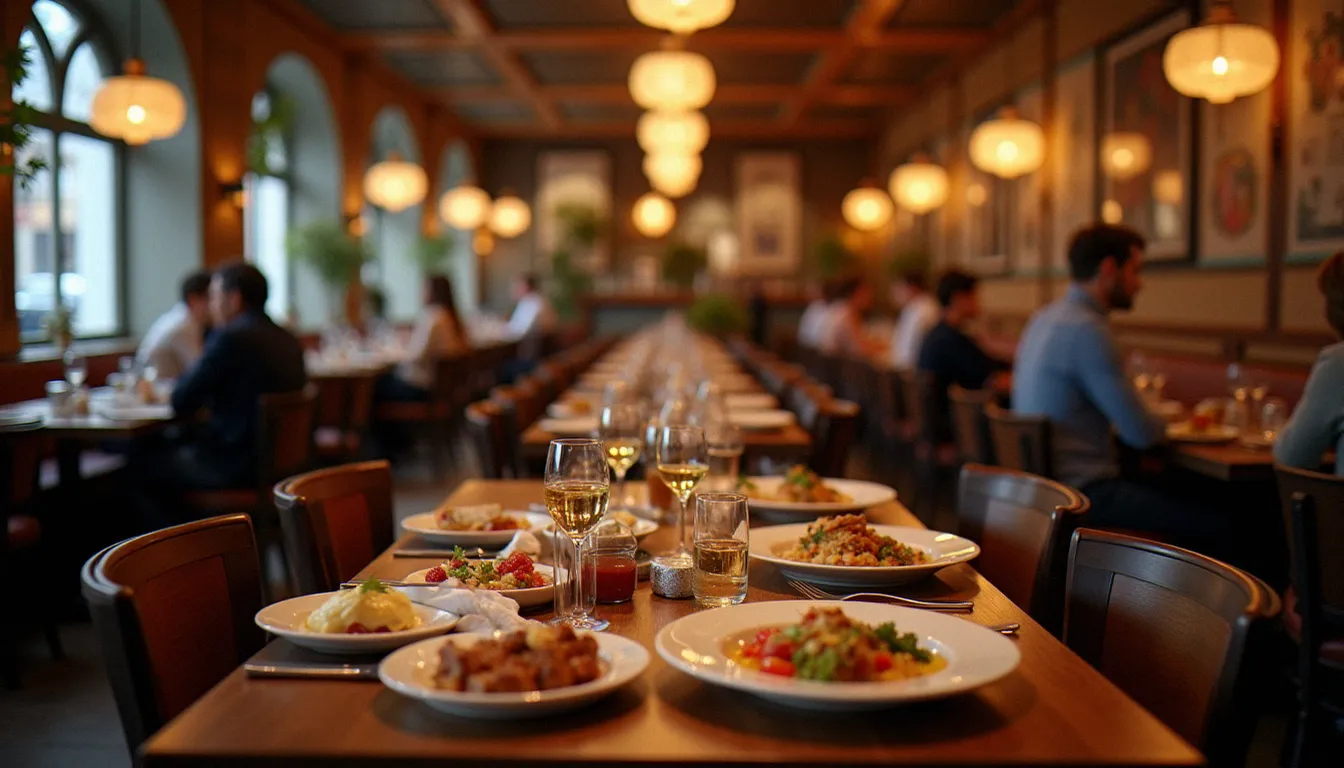 Intérieur d'une brasserie chaleureuse avec des plats locaux sur la table et une ambiance détendue.