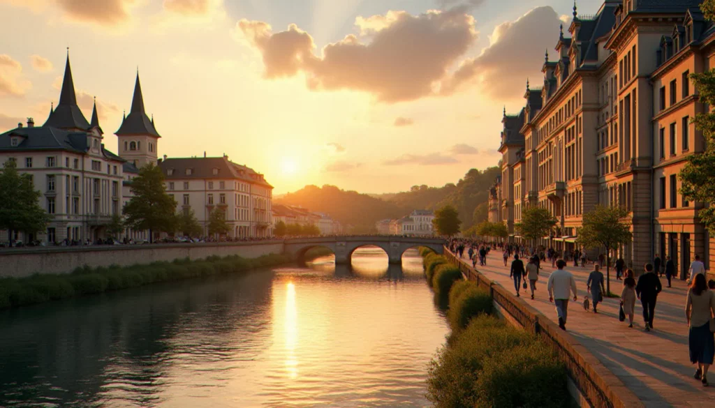 region auvergne rhone alpes featured Vue panoramique de Vichy et de l'Allier au coucher du soleil, avec des bâtiments historiques et des promeneurs.