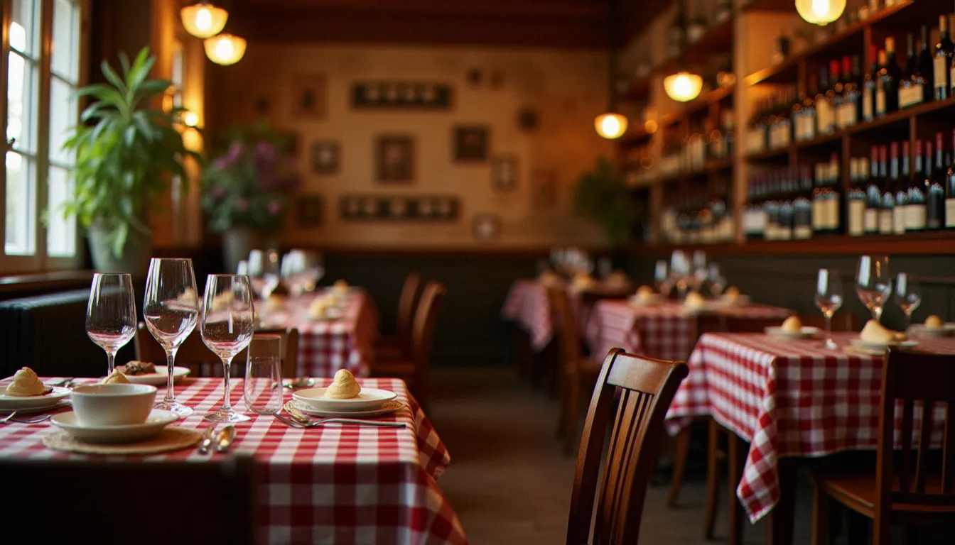 Intérieur d'un bouchon lyonnais traditionnel avec tables dressées et ambiance chaleureuse