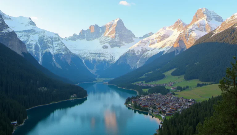 Vue aérienne des Alpes françaises avec un lac alpin et un village traditionnel dans la région Rhône-Alpes