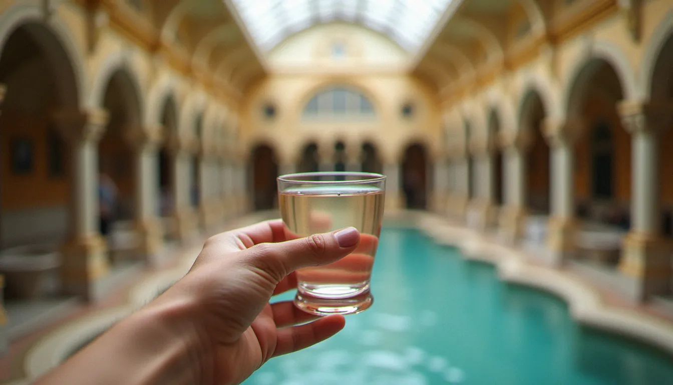 Dégustation d'eau minérale dans un hall des sources thermales à Vichy, avec une architecture de ville d'eaux en arrière-plan