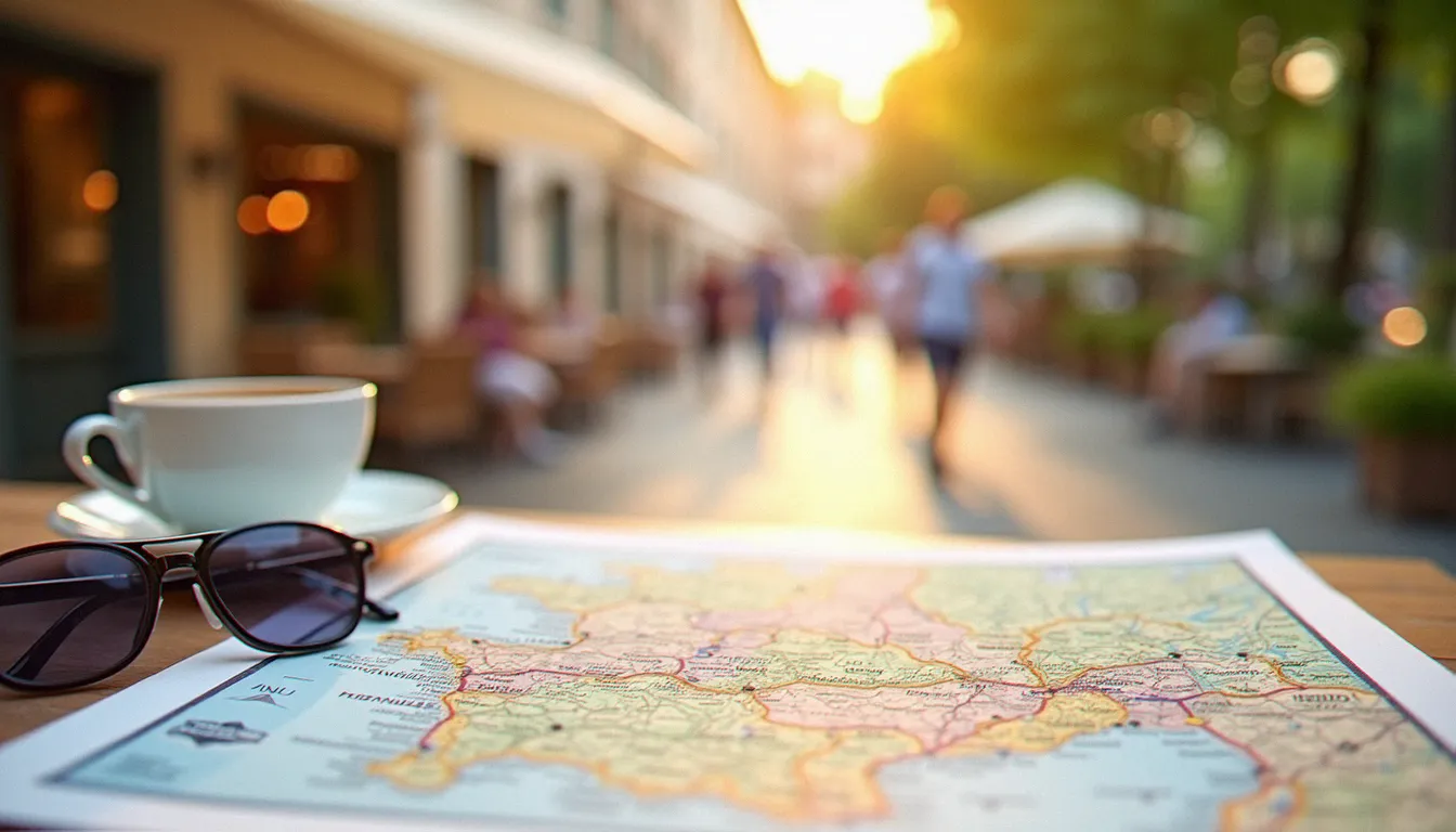 Carte routière de la France posée sur une table de café avec une terrasse ensoleillée en arrière-plan, pour préparer un séjour en Auvergne