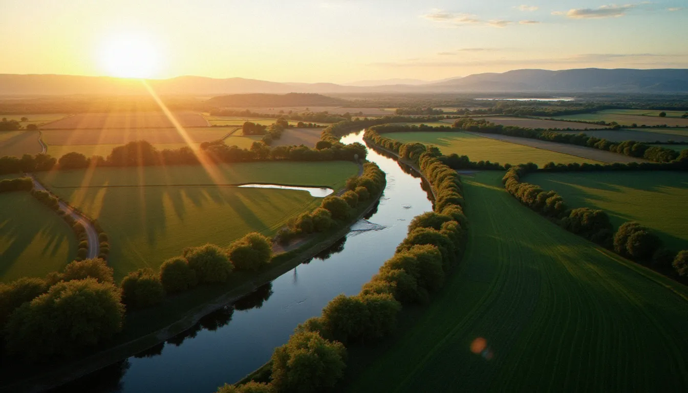 Vue aérienne de la rivière Allier près de Vichy au coucher du soleil, dans l'un des départements d'Auvergne-Rhône-Alpes