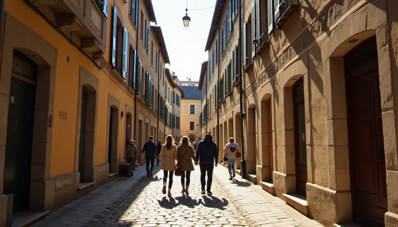 Promeneurs dans une ruelle médiévale du quartier de Montferrand à Clermont-Ferrand