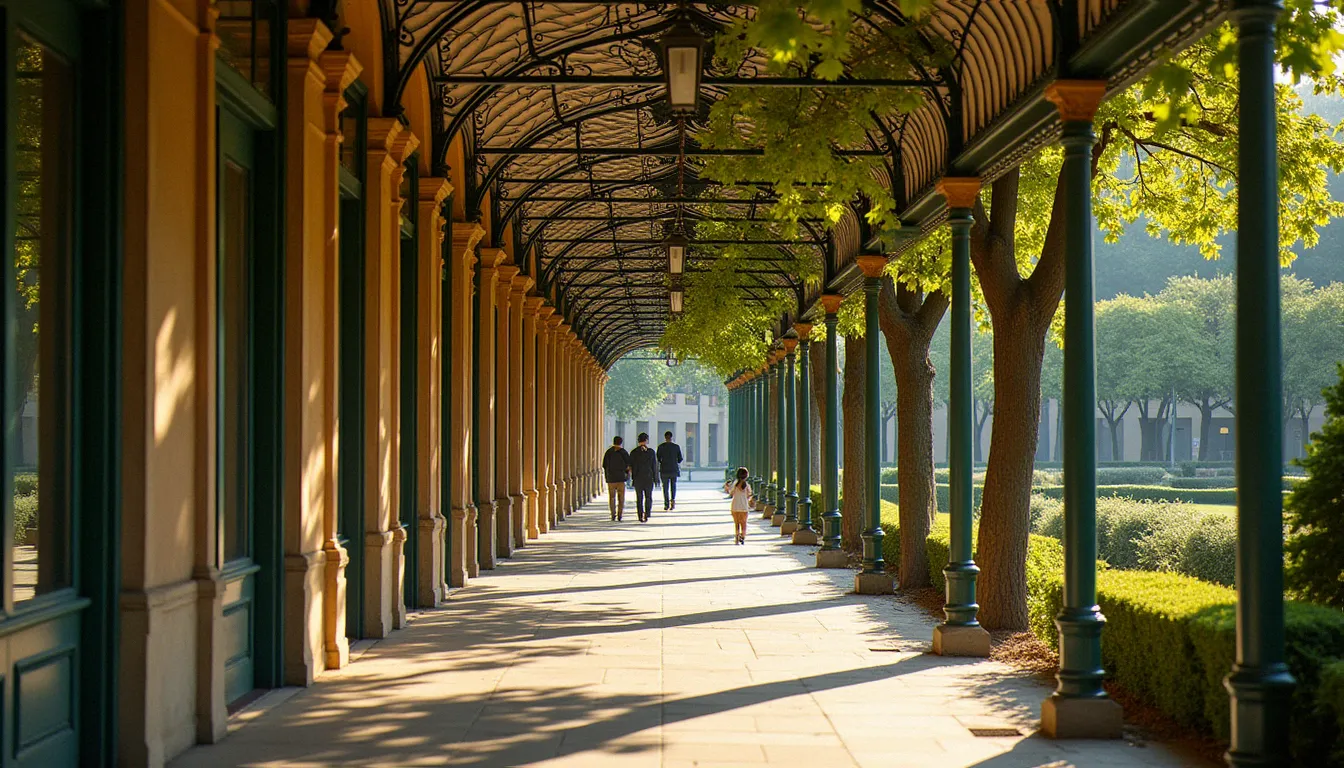 Promenade dans un parc thermal de Vichy, dans l'Allier, avec une galerie couverte historique