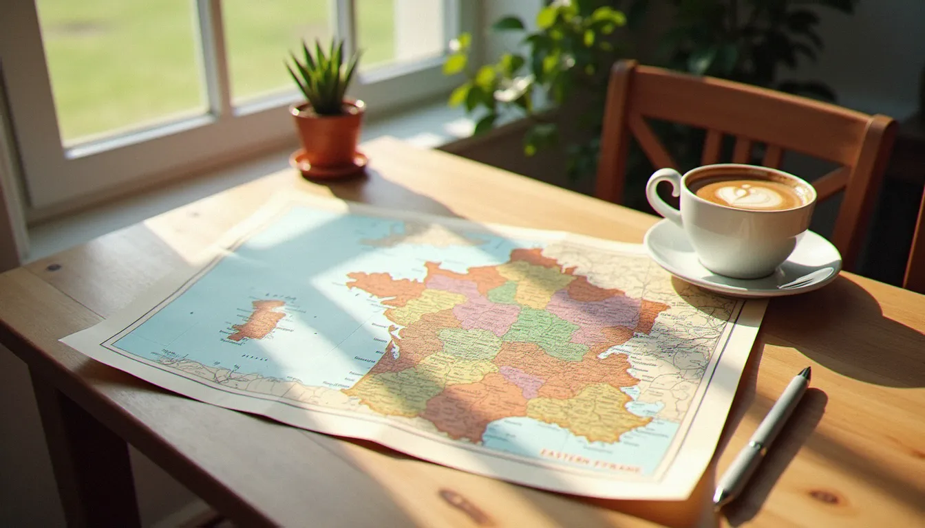 Carte papier posée sur une table en bois, évoquant la fusion de l'Auvergne et de Rhône-Alpes en 2016