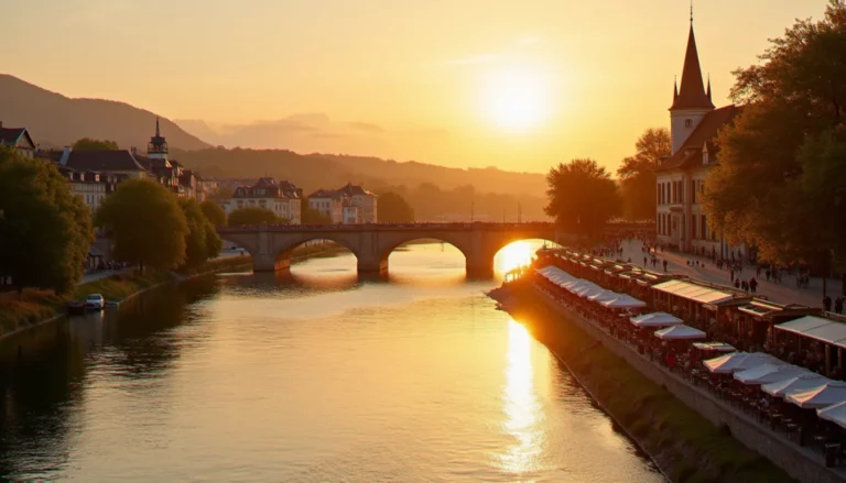 Coucher de soleil sur les bords de l'Allier à Vichy, au cœur de la région Auvergne-Rhône-Alpes, avec promeneurs et terrasses
